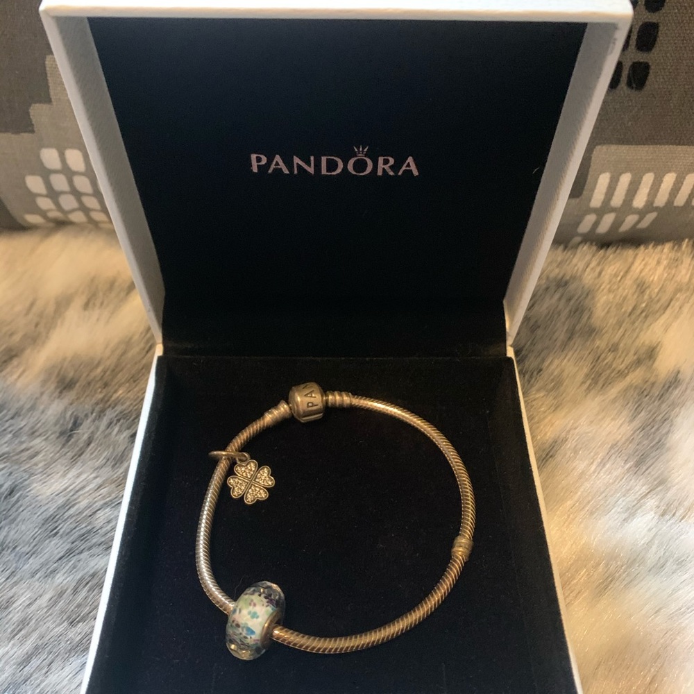 Pandora Bracelet with Shamrock Charm & Blue Bead